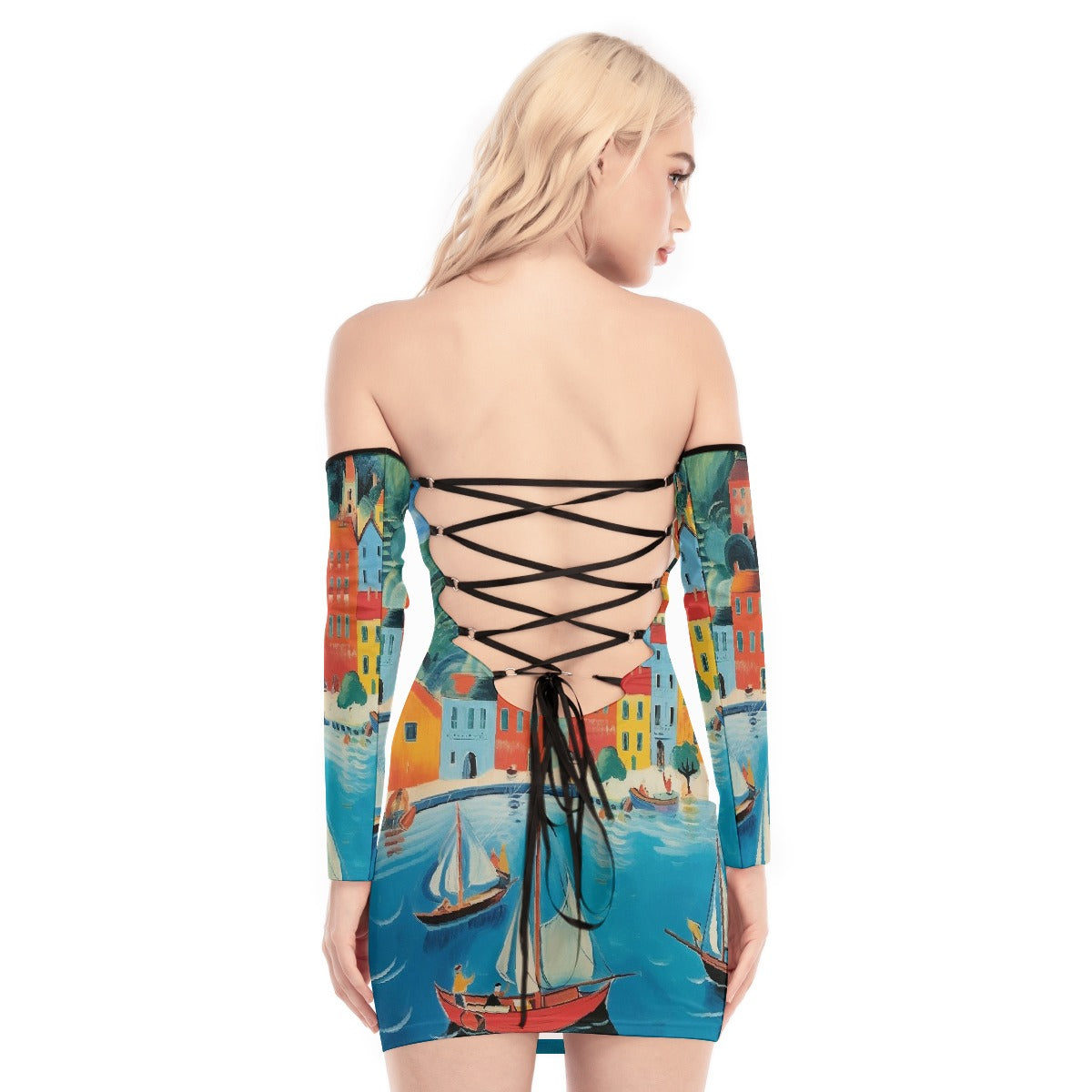 All-Over Print Women's Off-shoulder Back Lace-up Dress