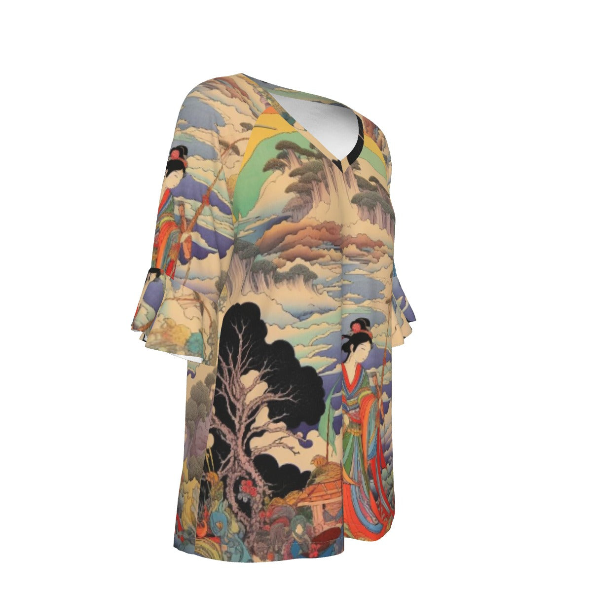 All-Over Print V-neck Women's T-shirt With Bell Sleeve