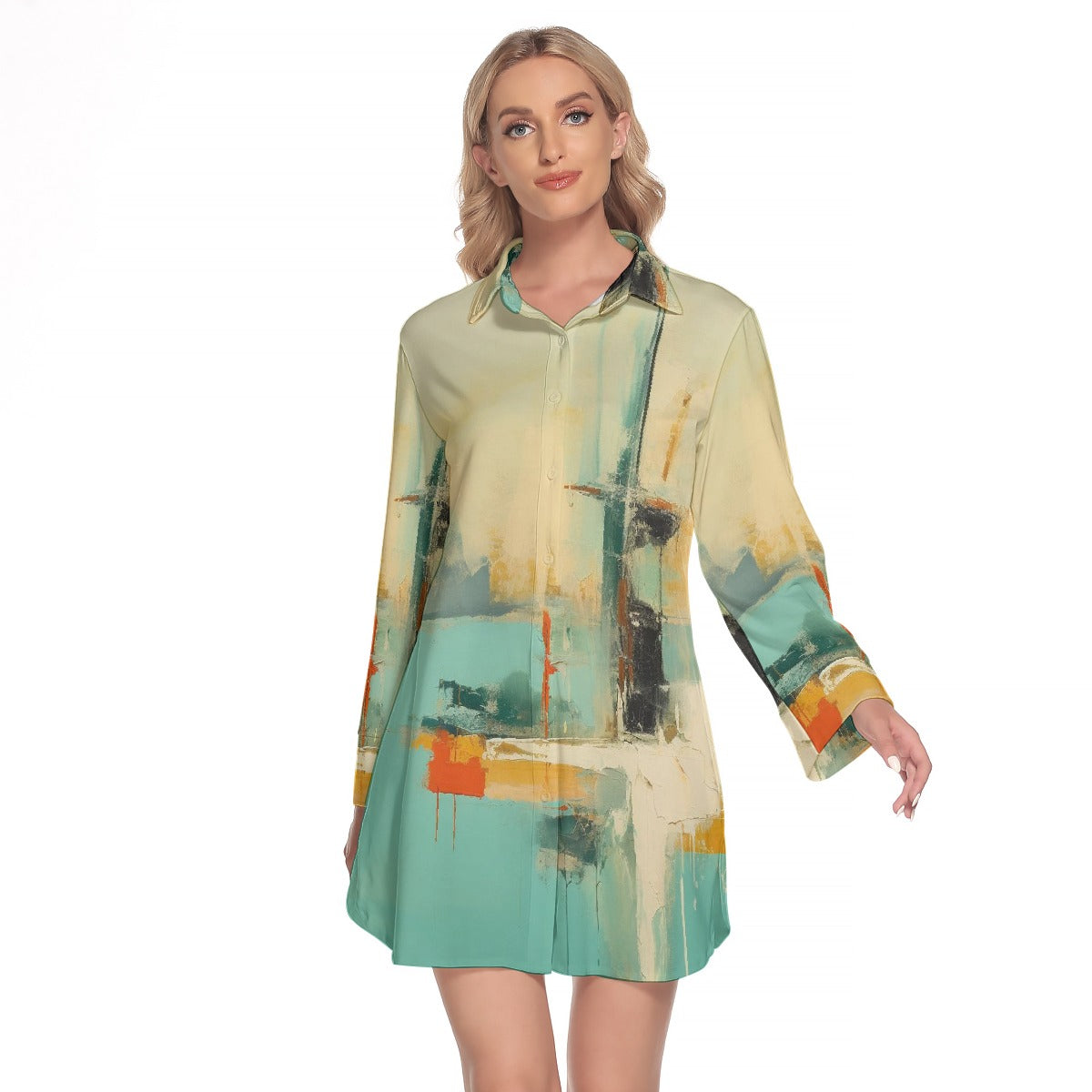 All-Over Print Women's Lapel Shirt Dress With Long Sleeve