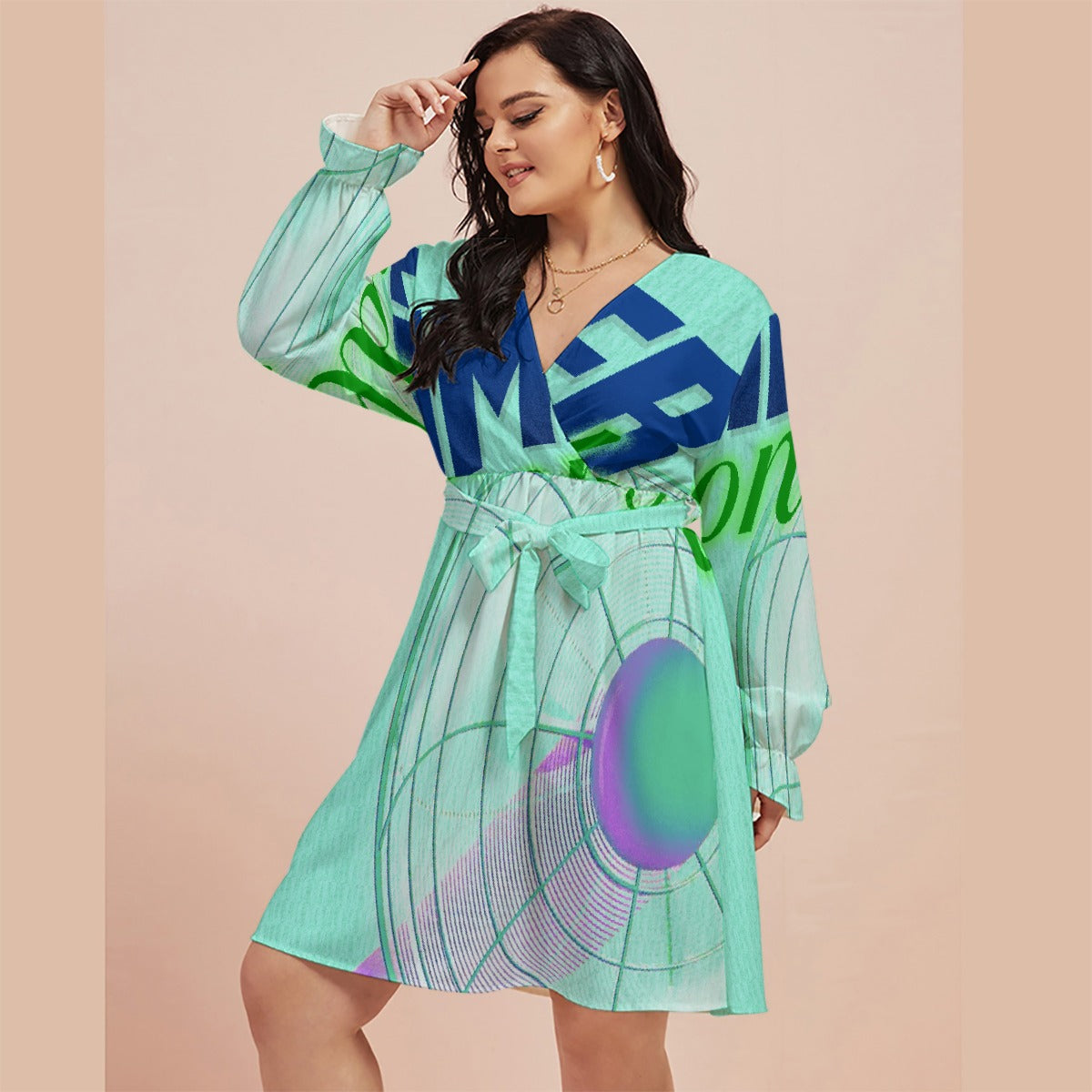 All-Over Print Women's V-neck Dress With Waistband(Plus Size)