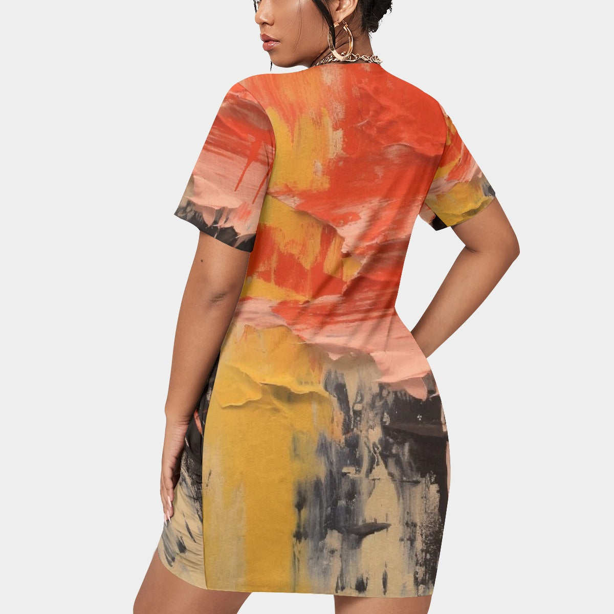 All-Over Print Women’s Stacked Hem Dress With Short Sleeve（Plus Size）