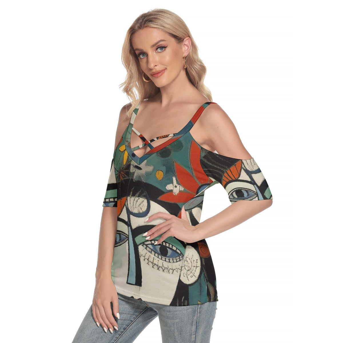 All-Over Print Women's Cold Shoulder T-shirt With Criss Cross Strips