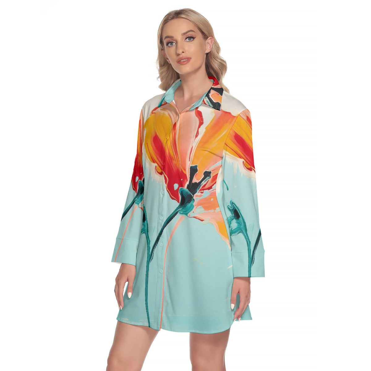 All-Over Print Women's Lapel Shirt Dress With Long Sleeve