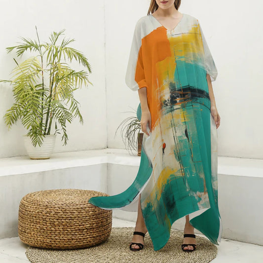 All-Over Print Women's Imitation Silk V-neck Kaftan Robe