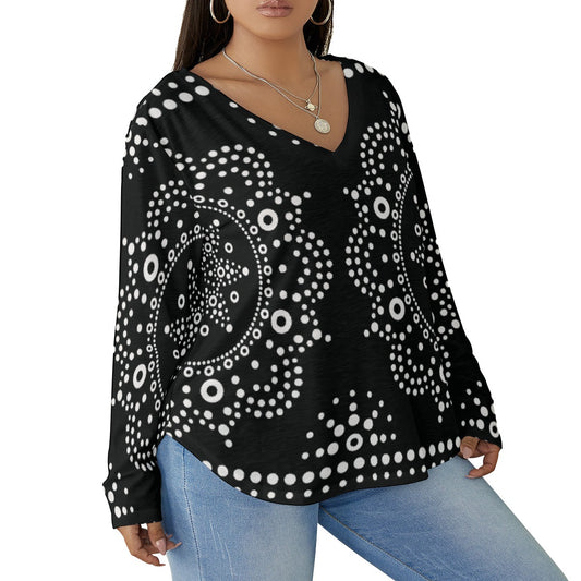 All-Over Print Women's V-neck T-shirt With Curved Hem(Plus Size)