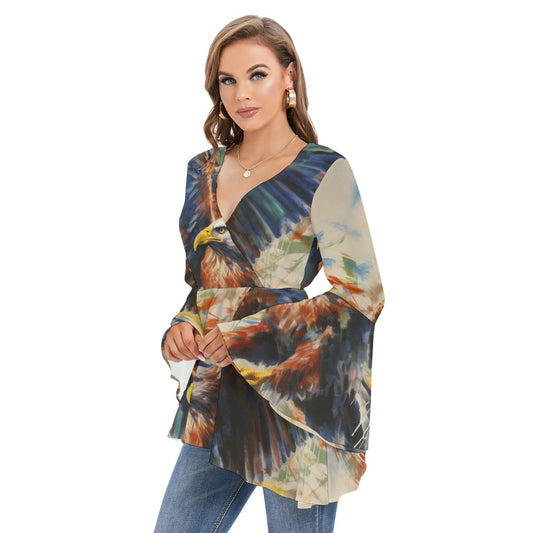 All-Over Print Women's V-neck Blouse With Flared Sleeves