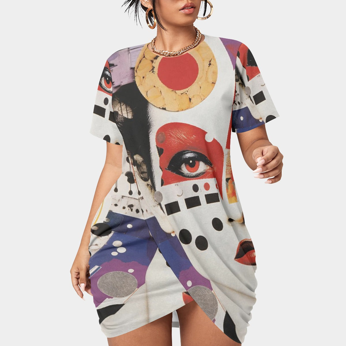 All-Over Print Women’s Stacked Hem Dress With Short Sleeve（Plus Size）