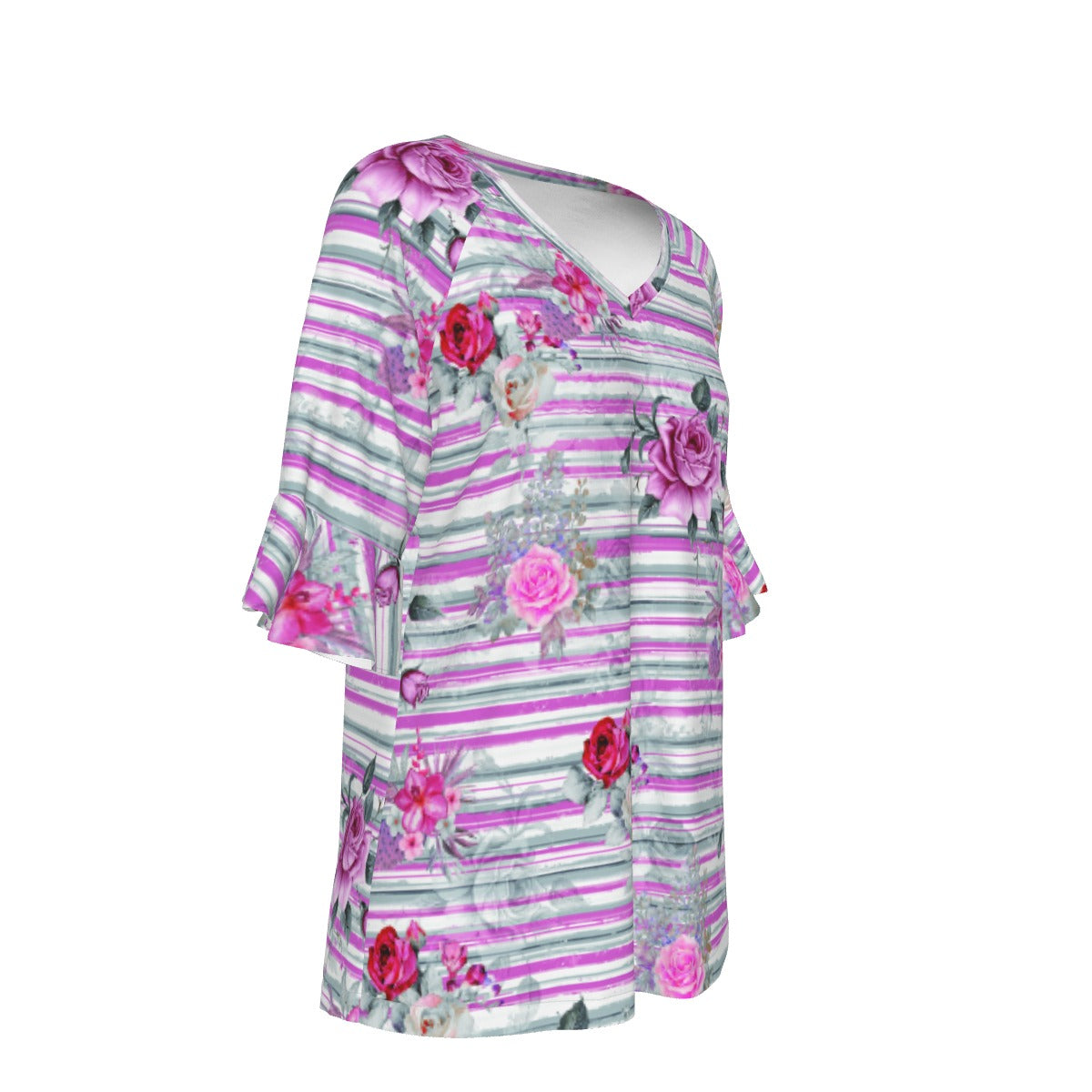 All-Over Print V-neck Women's T-shirt With Bell Sleeve