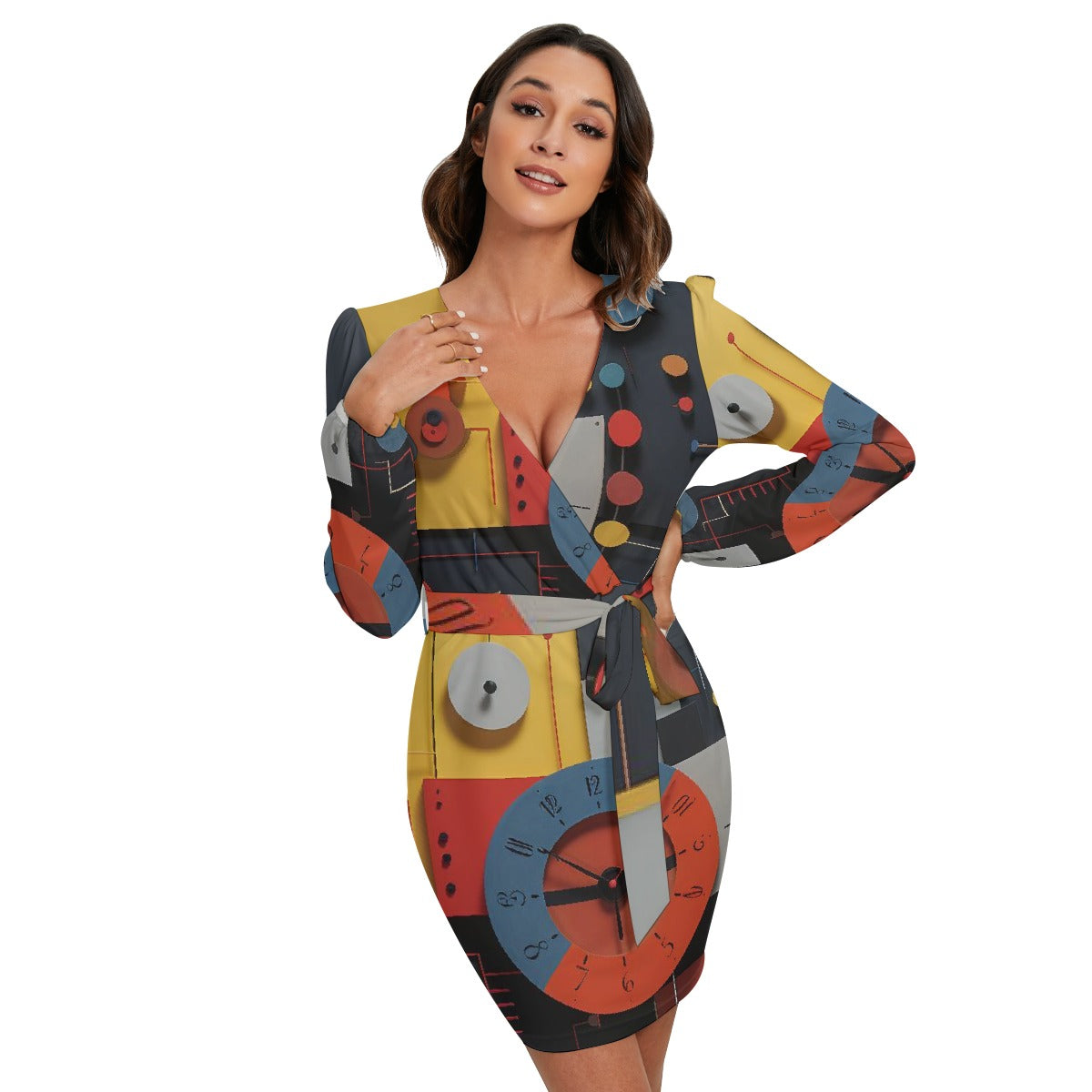 All-Over Print Women's Long Sleeve Dress With Waist Belt