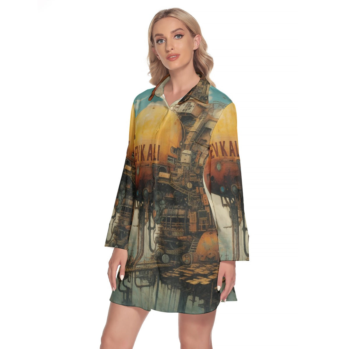 All-Over Print Women's Lapel Shirt Dress With Long Sleeve