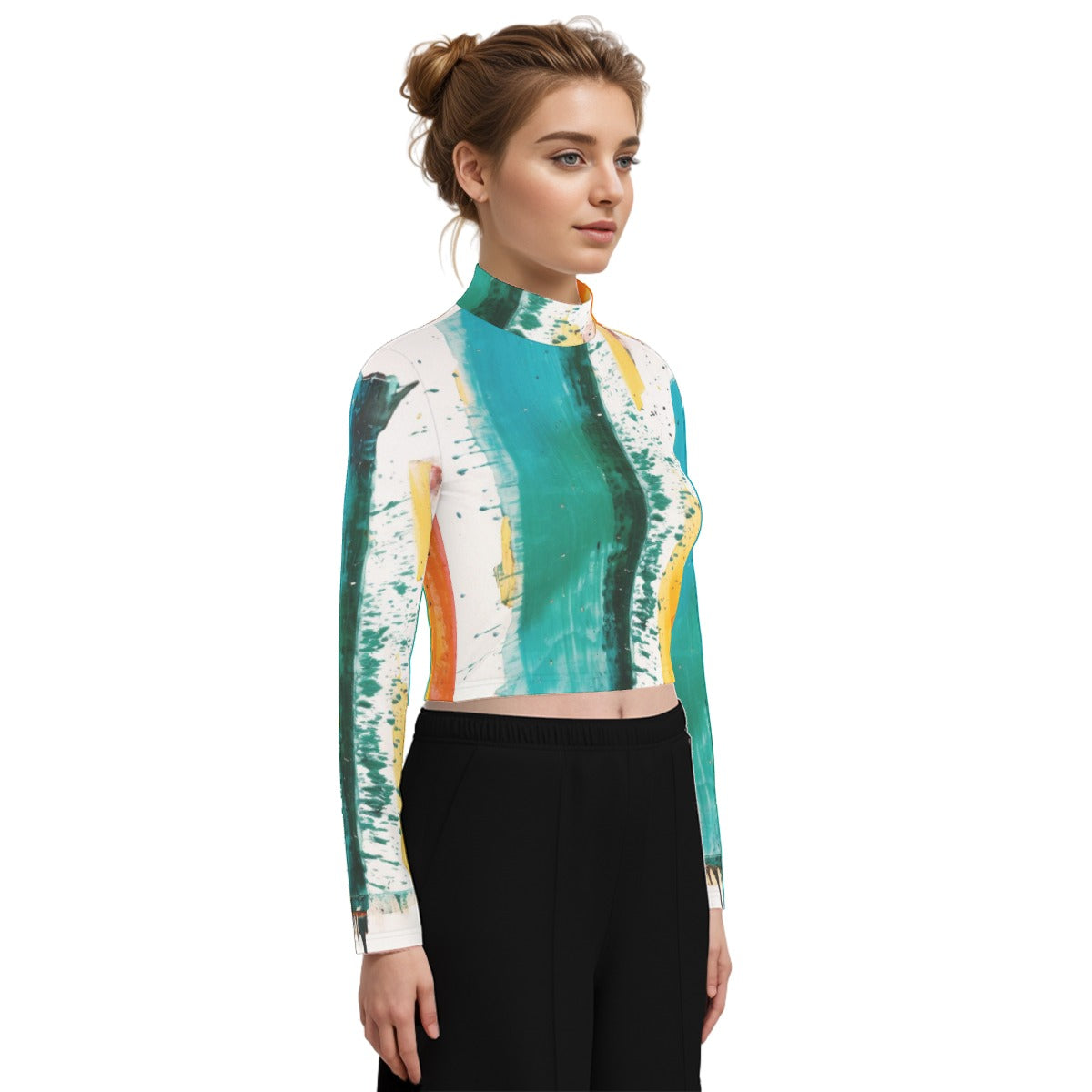 Eco-Friendly All-Over Print Women's Turtleneck T-shirt With Long Sleeve