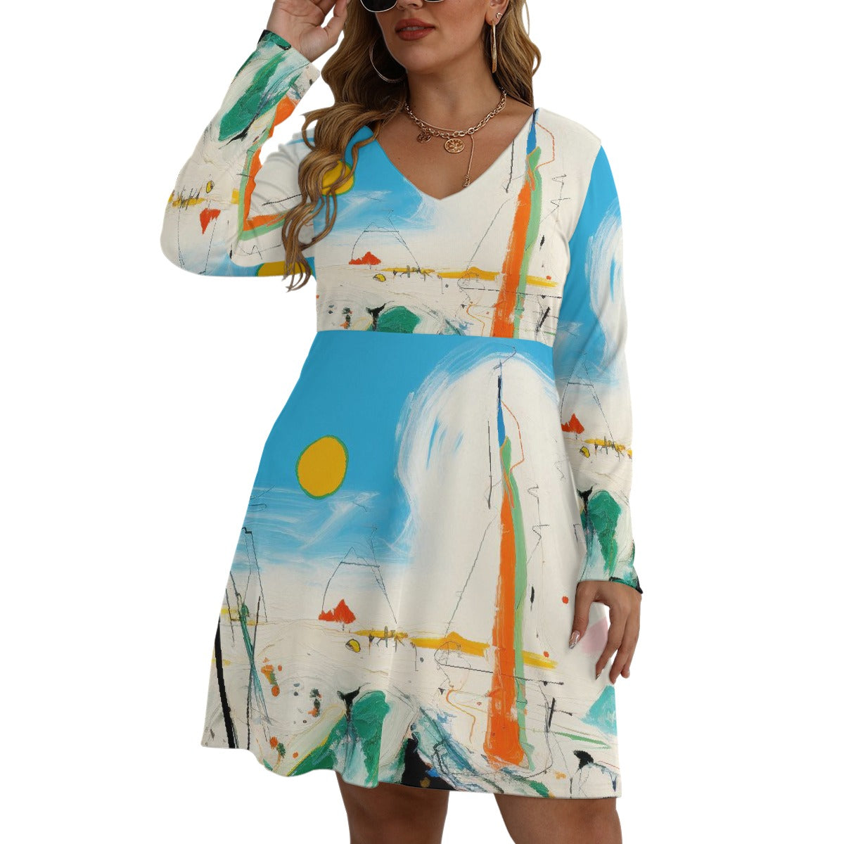 All-Over Print Women's V-neck Long Sleeve Dress(Plus Size)