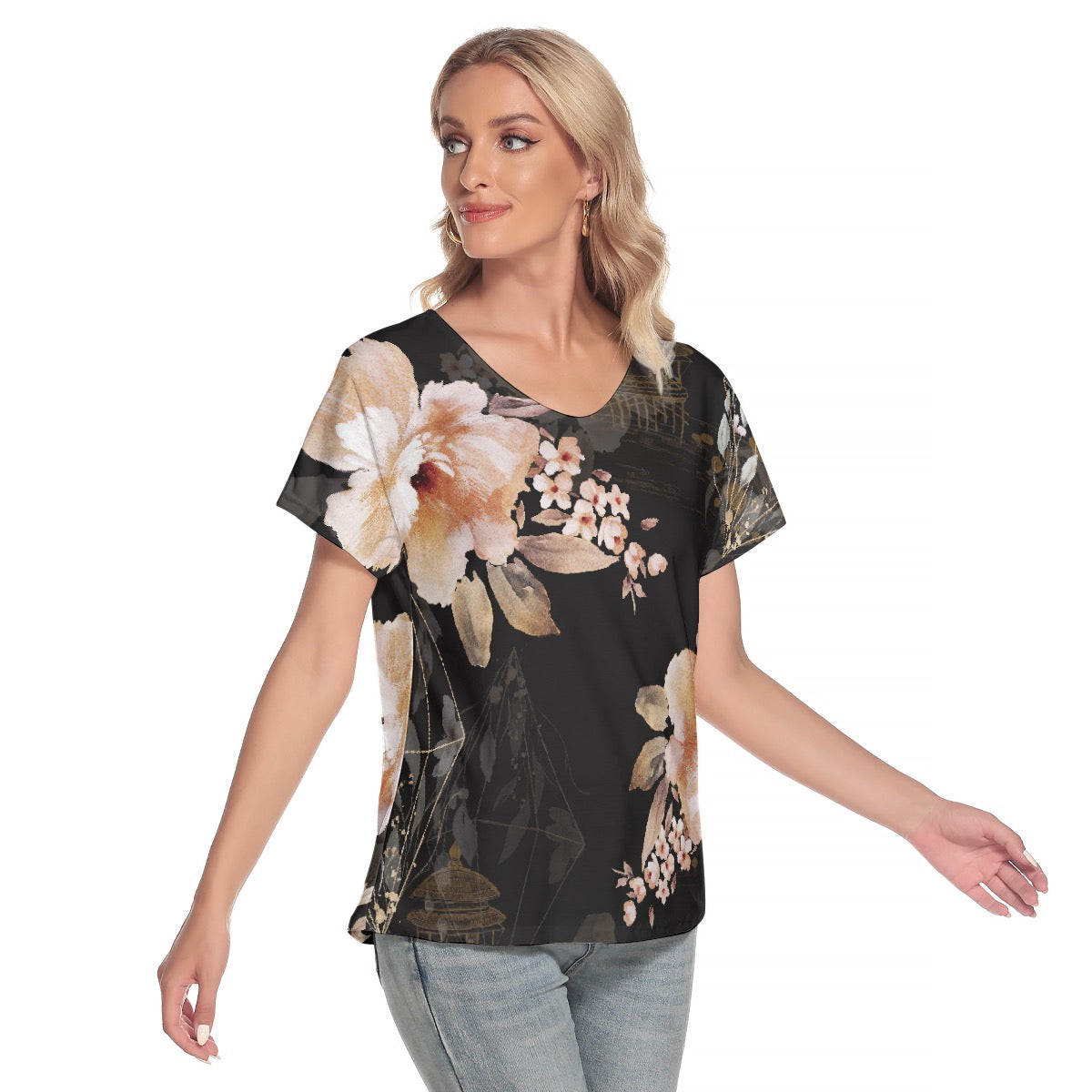 All-Over Print Women's Loose V-neck Short Sleeve T-shirt