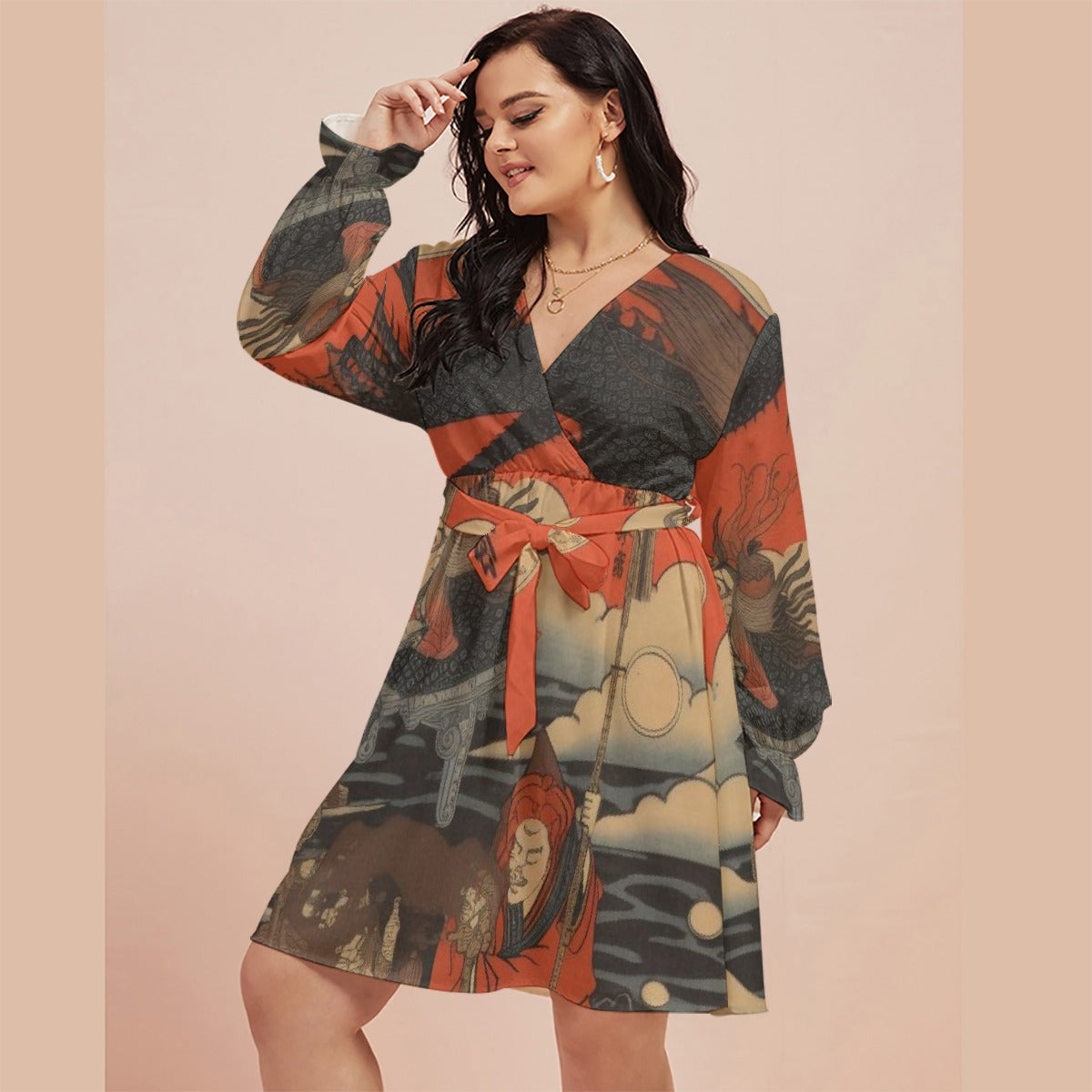 All-Over Print Women's V-neck Dress With Waistband(Plus Size)