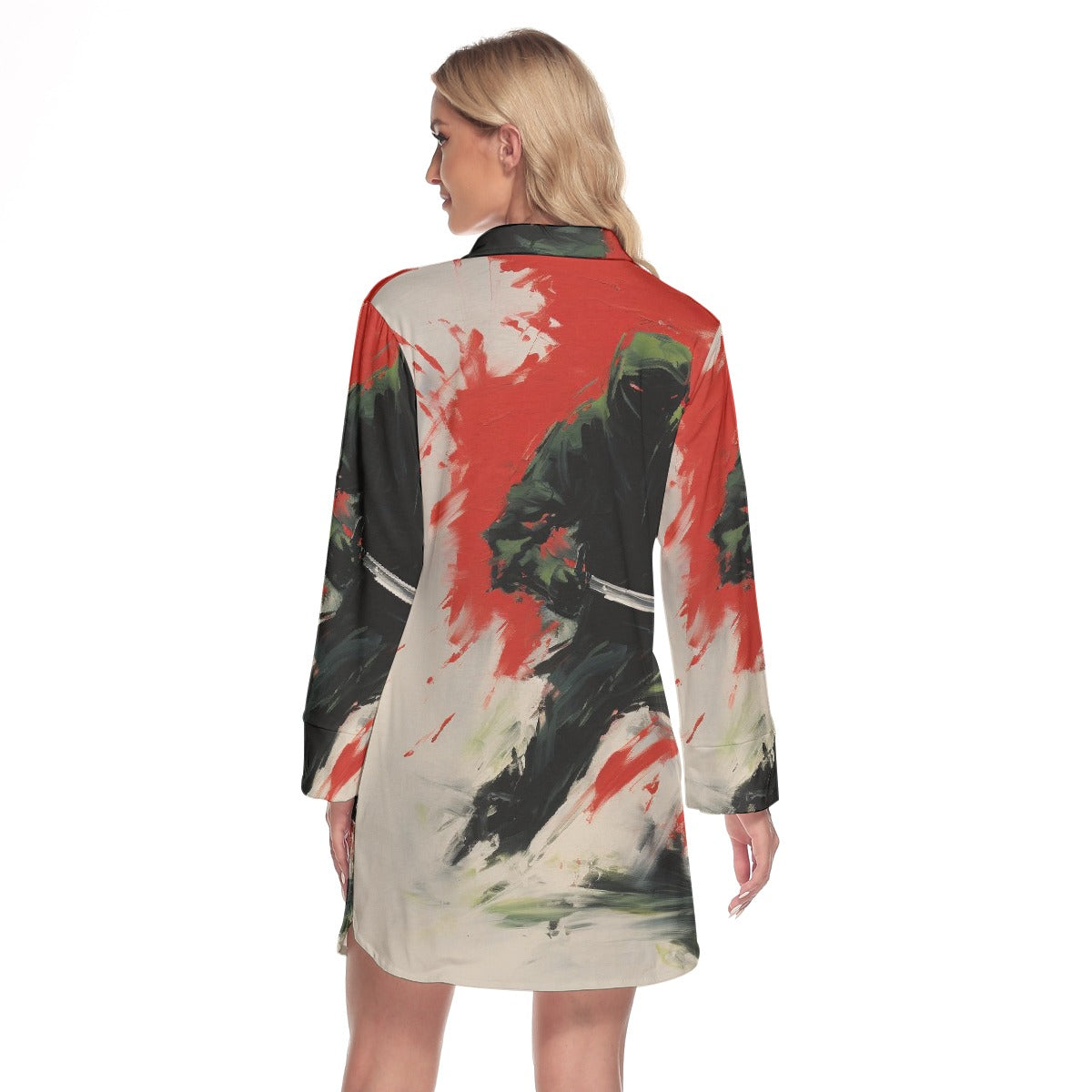 All-Over Print Women's Lapel Shirt Dress With Long Sleeve