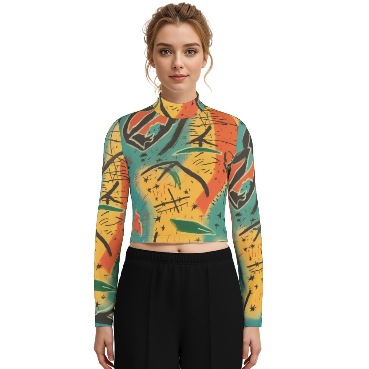 Eco-Friendly All-Over Print Women's Turtleneck T-shirt With Long Sleeve