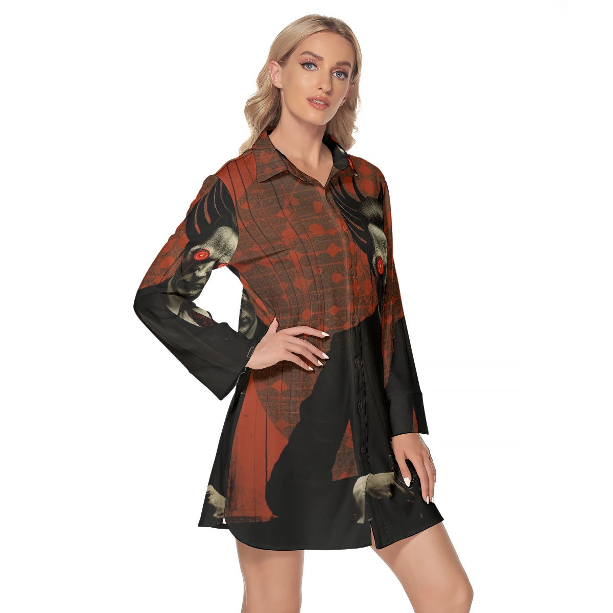 All-Over Print Women's Lapel Shirt Dress With Long Sleeve