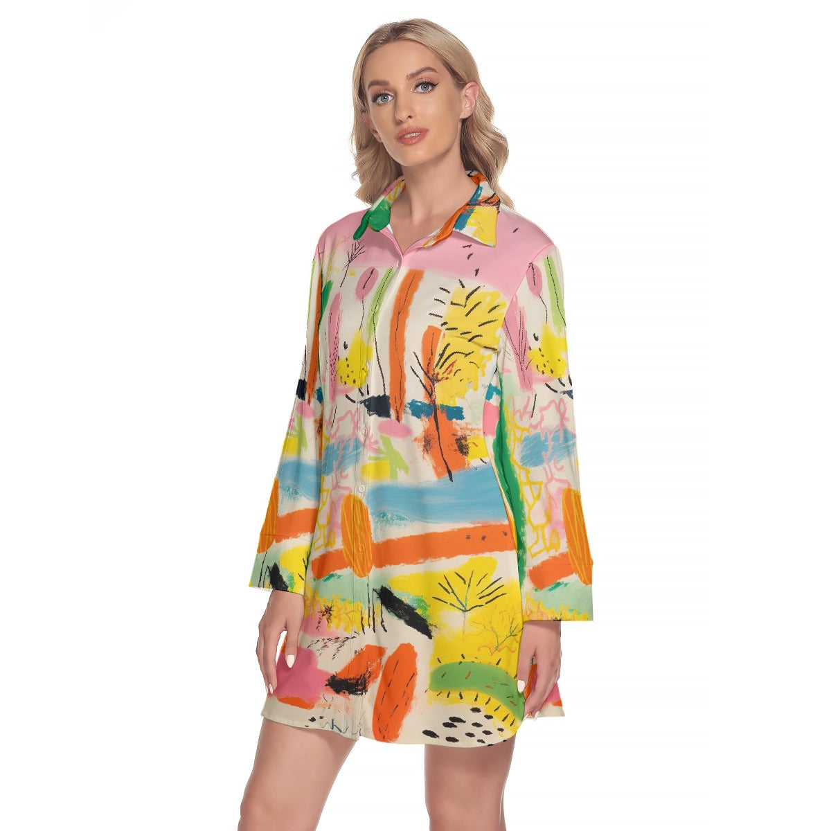 All-Over Print Women's Lapel Shirt Dress With Long Sleeve