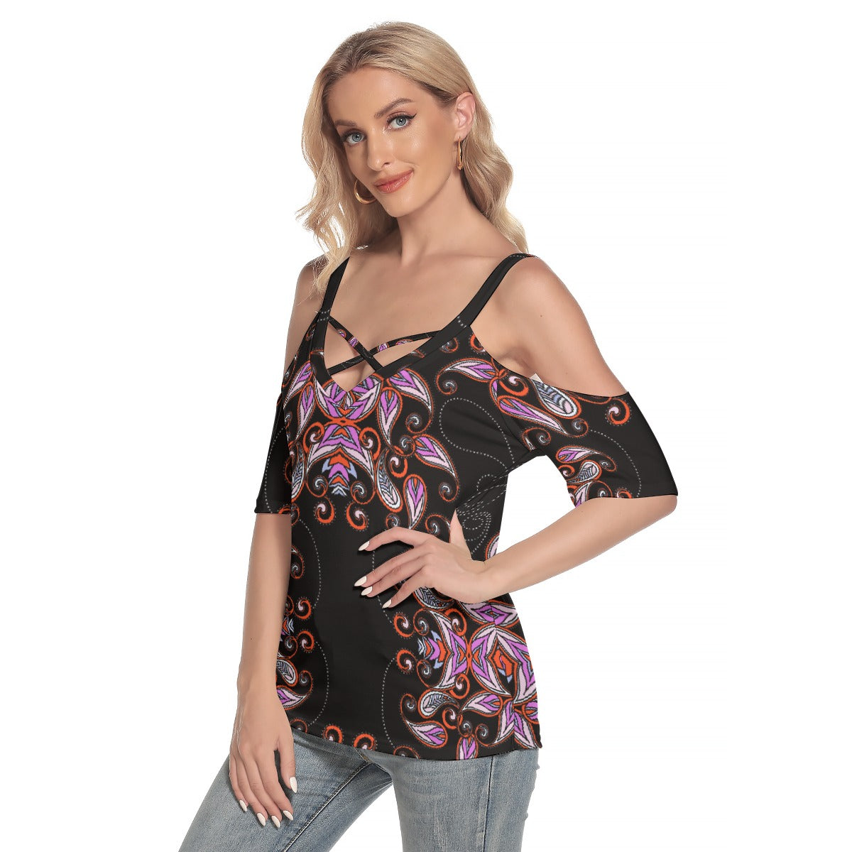 All-Over Print Women's Cold Shoulder T-shirt With Criss Cross Strips