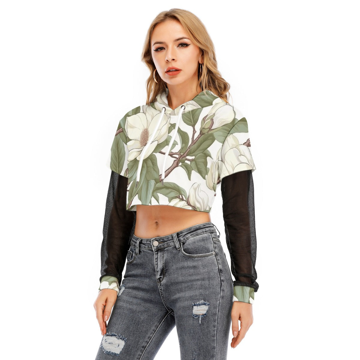 All-Over Print Women's Fake Two-piece Mesh Sleeve Cropped Hoodie