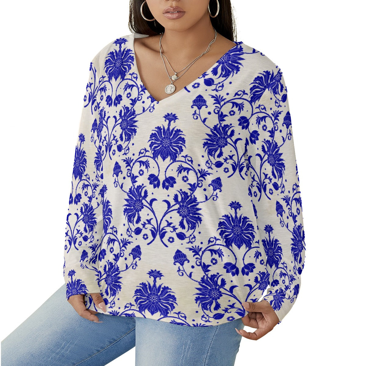 All-Over Print Women's V-neck T-shirt With Curved Hem(Plus Size)