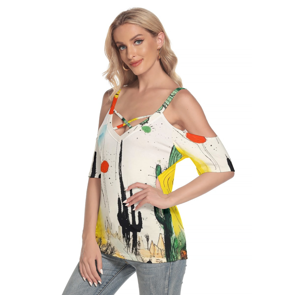 All-Over Print Women's Cold Shoulder T-shirt With Criss Cross Strips