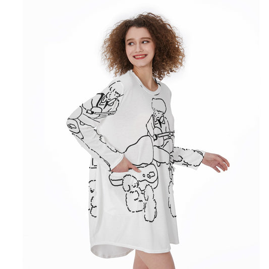 All-Over Print Women's Casual Loose Long Sleeve Dress With Pocket