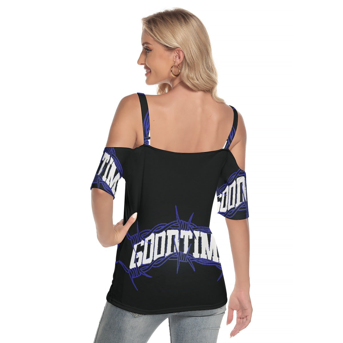 All-Over Print Women's Cold Shoulder T-shirt With Criss Cross Strips