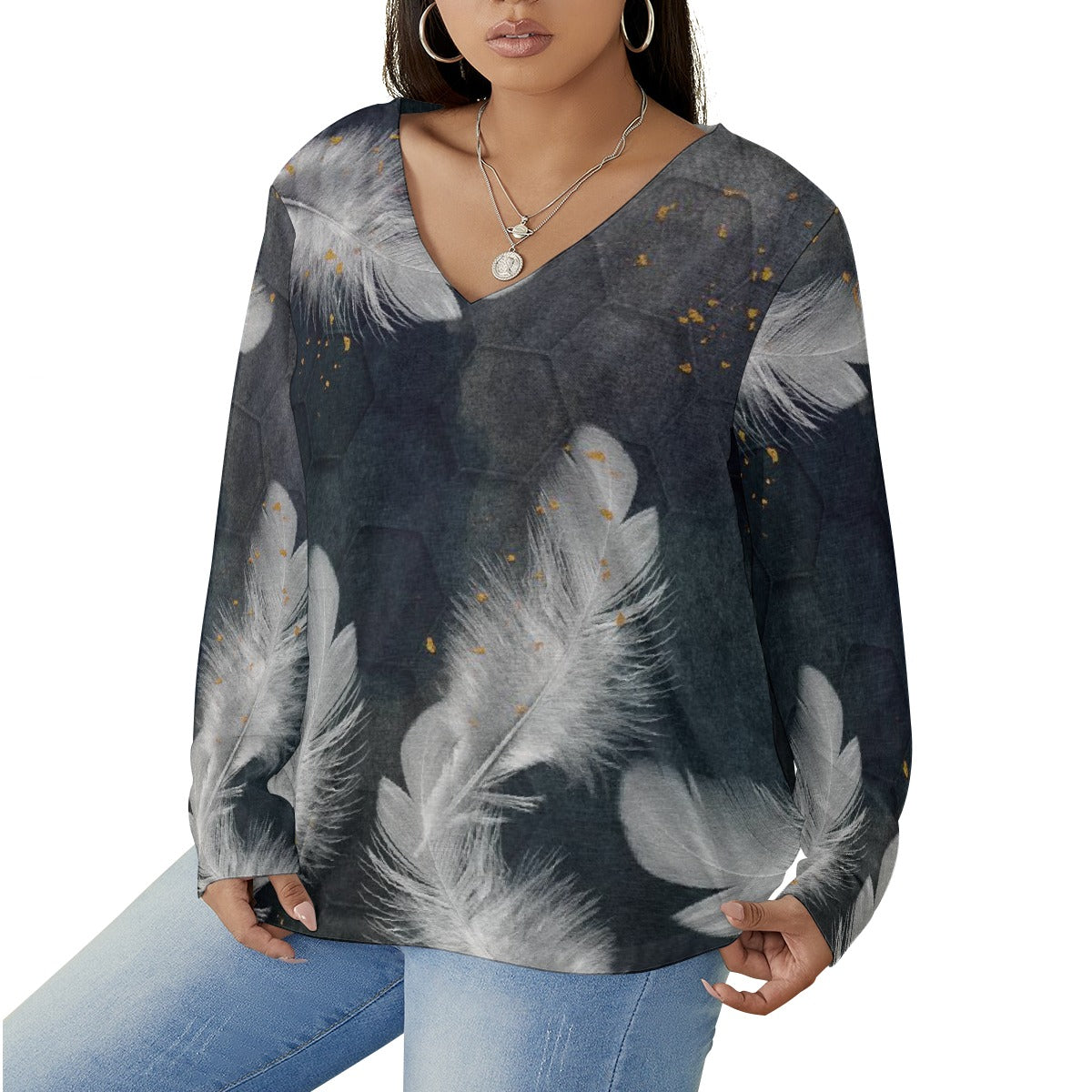 All-Over Print Women's V-neck T-shirt With Curved Hem(Plus Size)