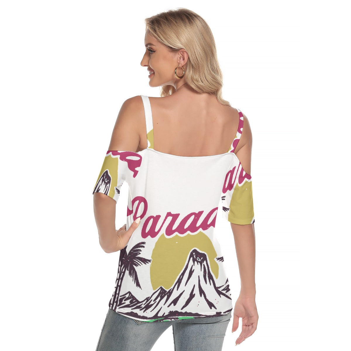 All-Over Print Women's Cold Shoulder T-shirt With Criss Cross Strips