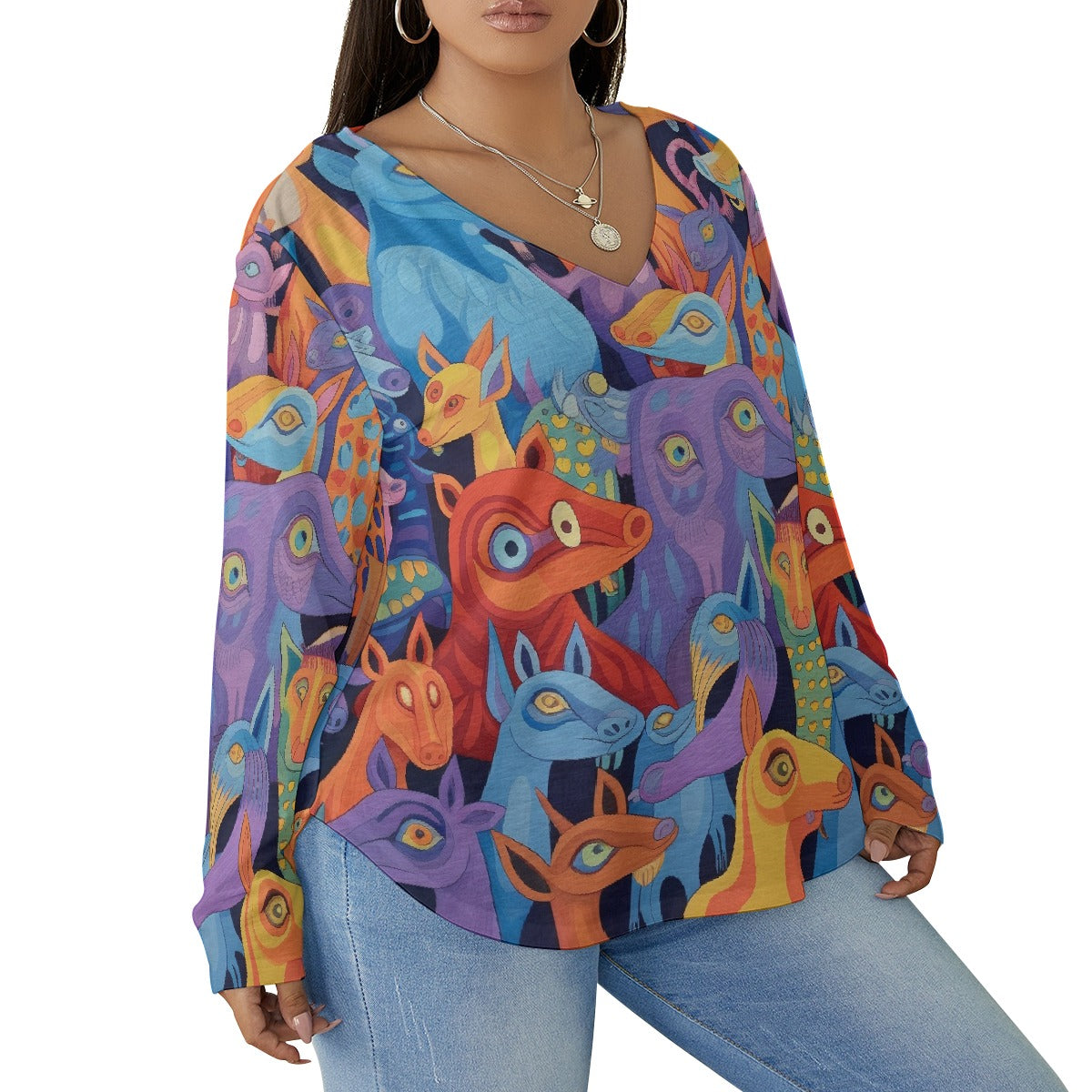 All-Over Print Women's V-neck T-shirt With Curved Hem(Plus Size)