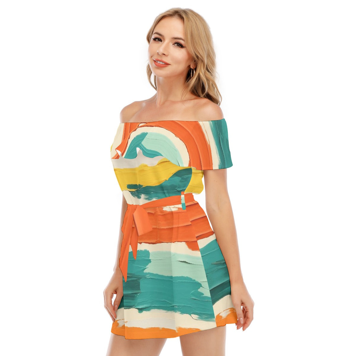 All-Over Print Women's Off-shoulder Dress With Ruffle