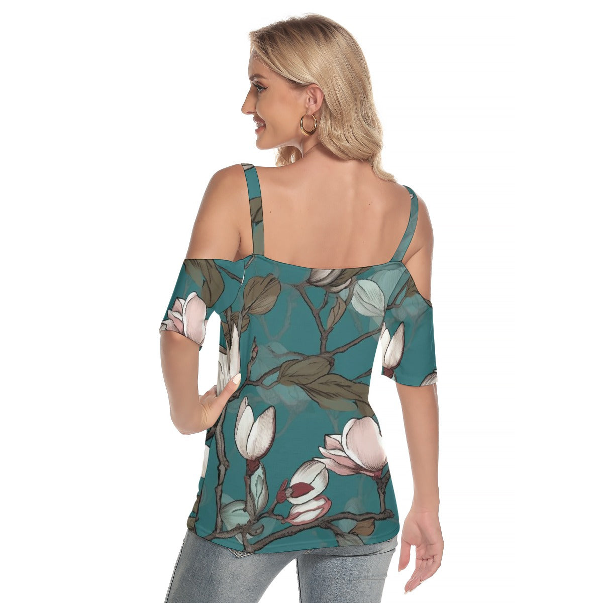 All-Over Print Women's Cold Shoulder T-shirt With Criss Cross Strips