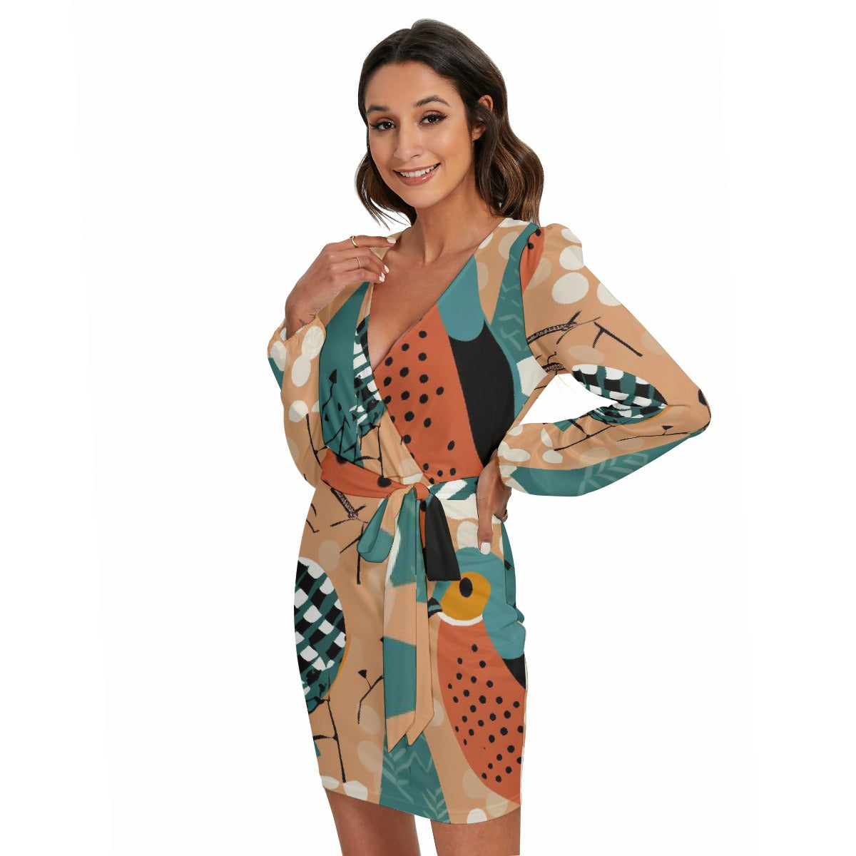 All-Over Print Women's Long Sleeve Dress With Waist Belt