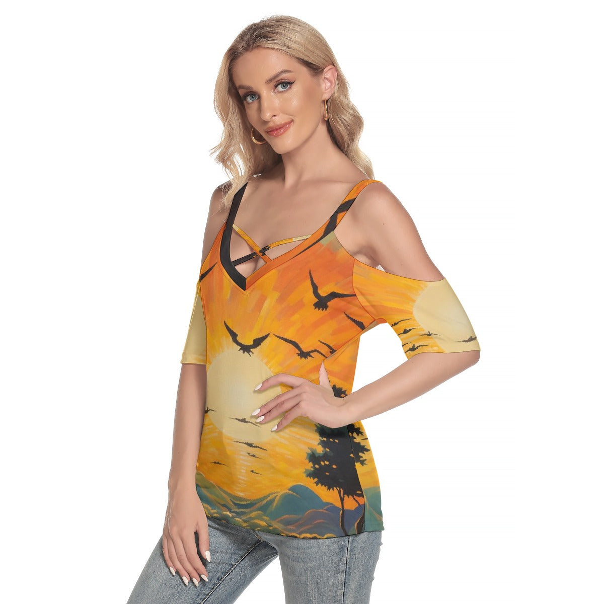 All-Over Print Women's Cold Shoulder T-shirt With Criss Cross Strips