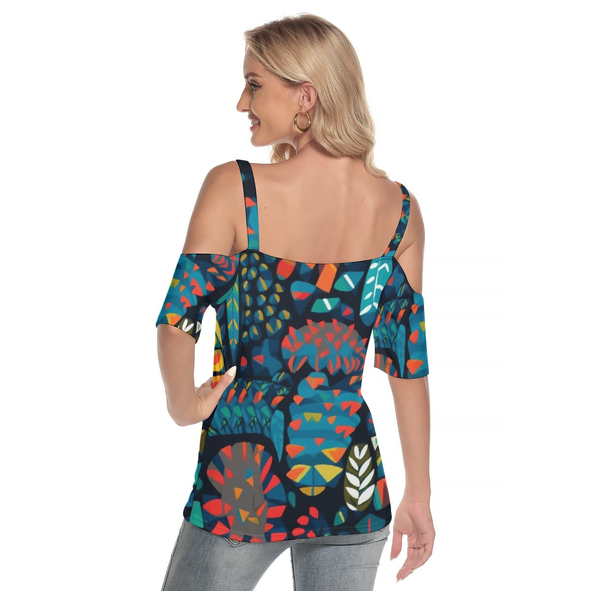 All-Over Print Women's Cold Shoulder T-shirt With Criss Cross Strips