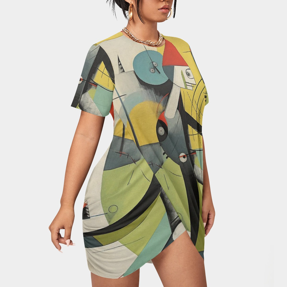 All-Over Print Women’s Stacked Hem Dress With Short Sleeve（Plus Size）