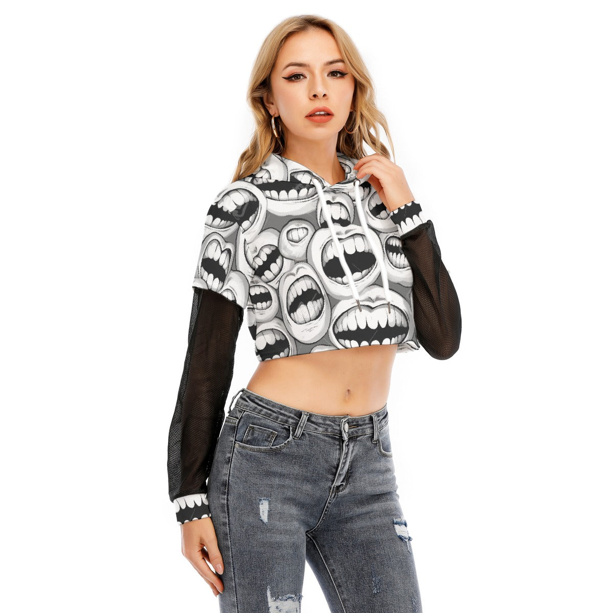 All-Over Print Women's Fake Two-piece Mesh Sleeve Cropped Hoodie