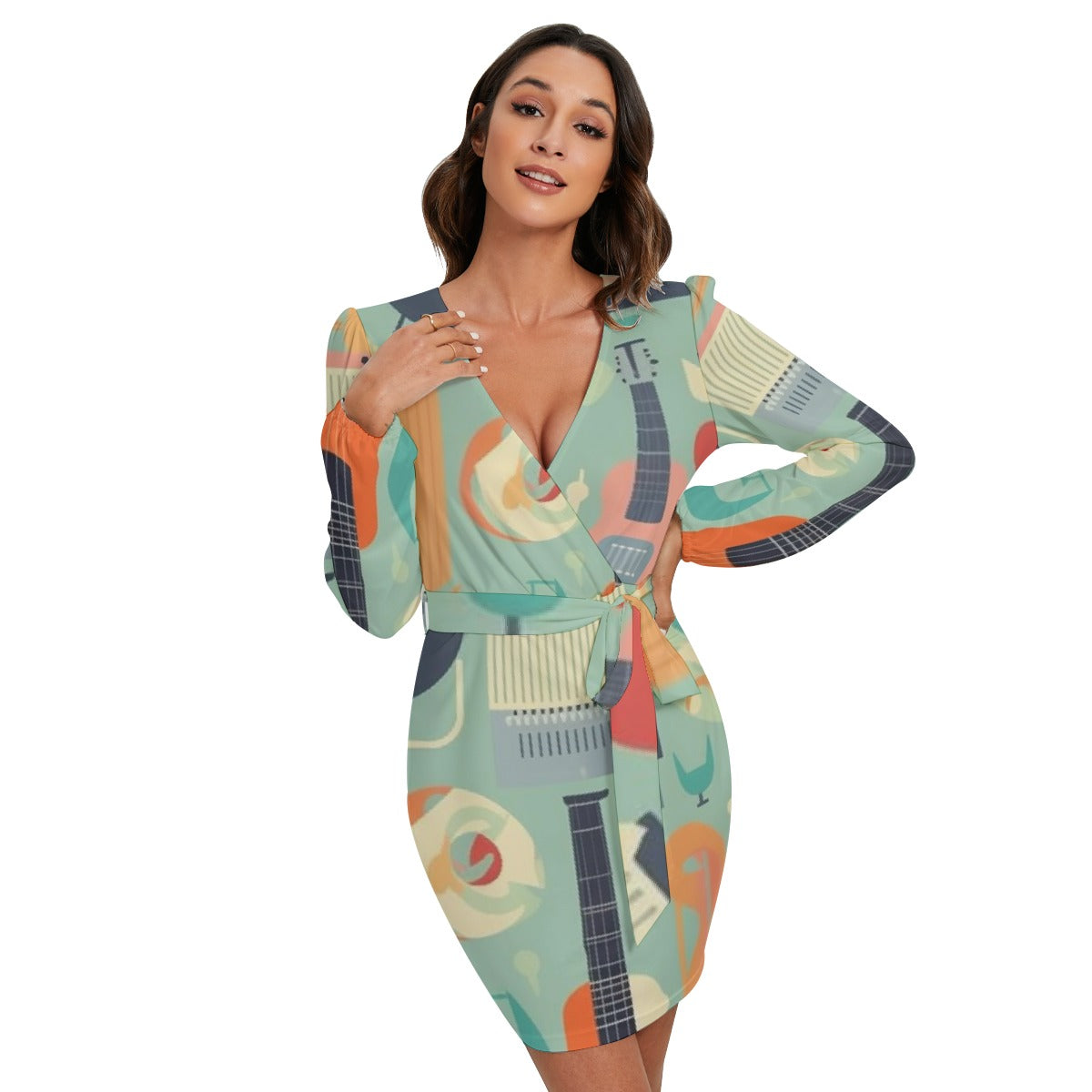 All-Over Print Women's Long Sleeve Dress With Waist Belt