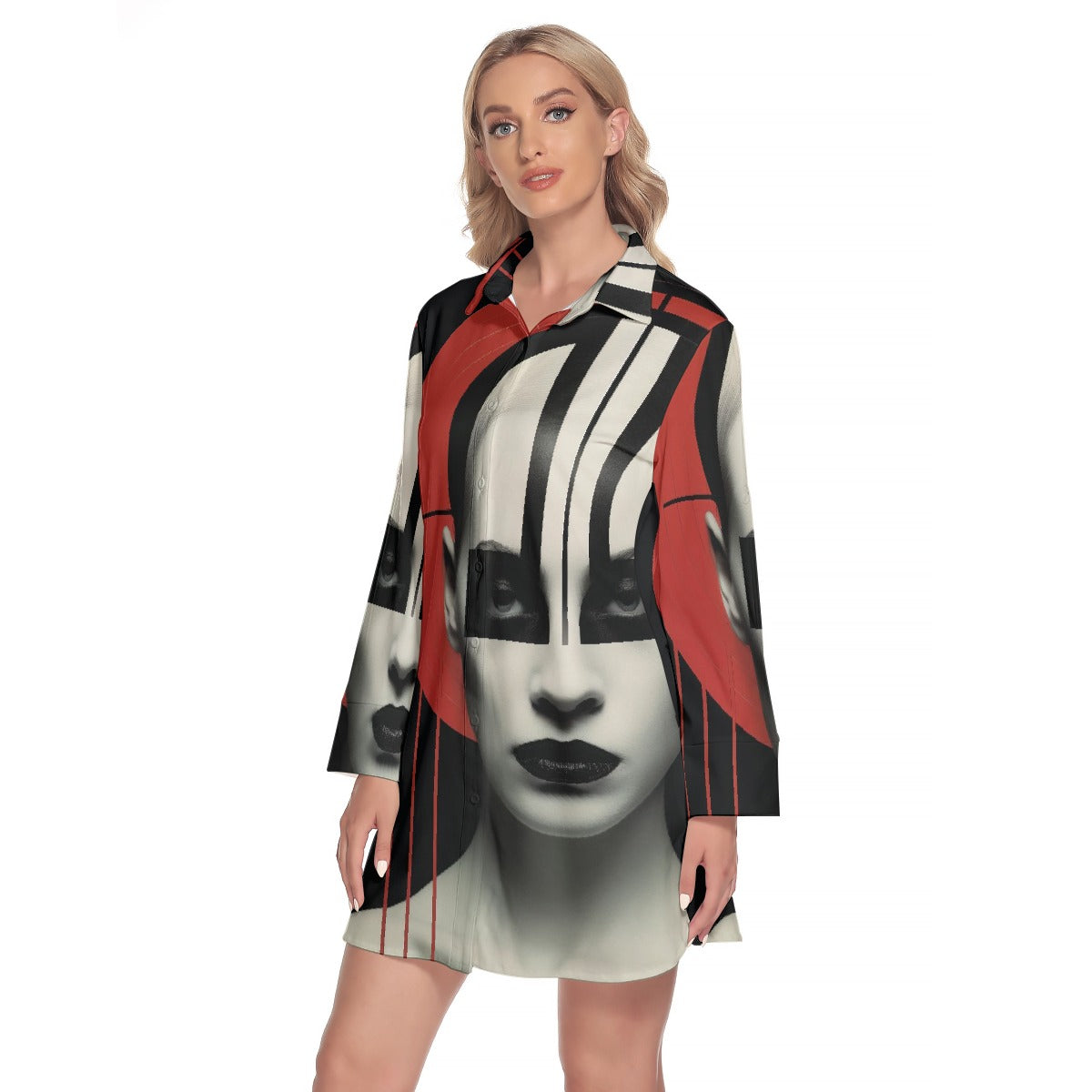 All-Over Print Women's Lapel Shirt Dress With Long Sleeve