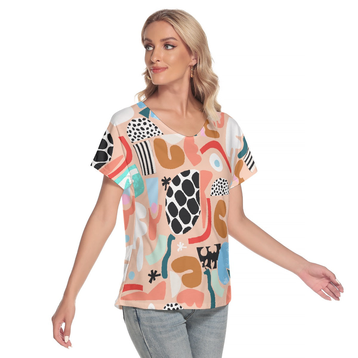 All-Over Print Women's Loose V-neck Short Sleeve T-shirt