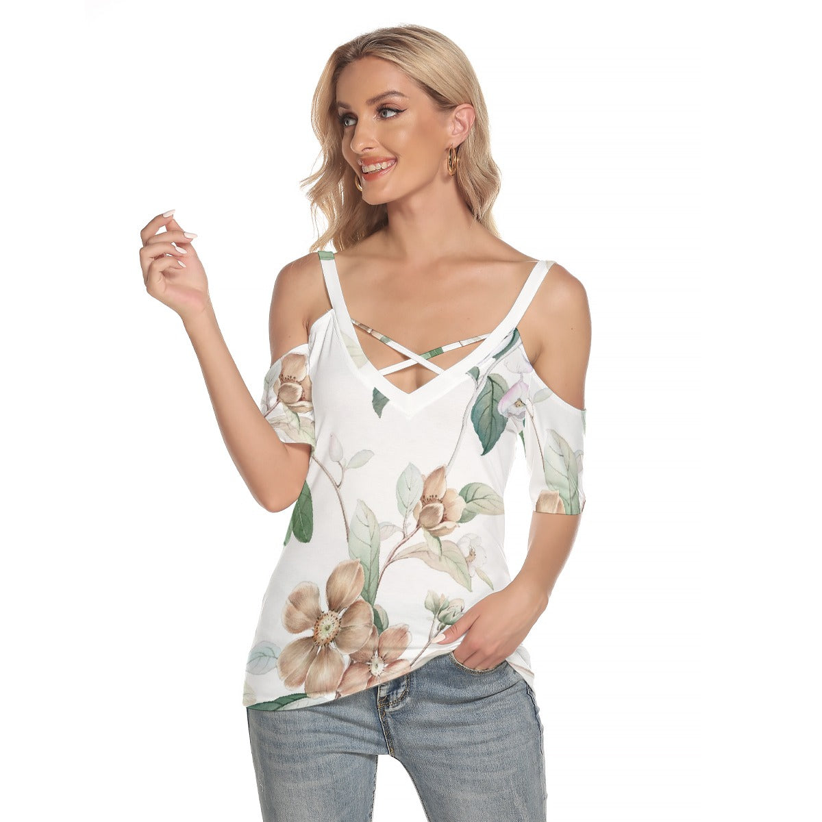 All-Over Print Women's Cold Shoulder T-shirt With Criss Cross Strips