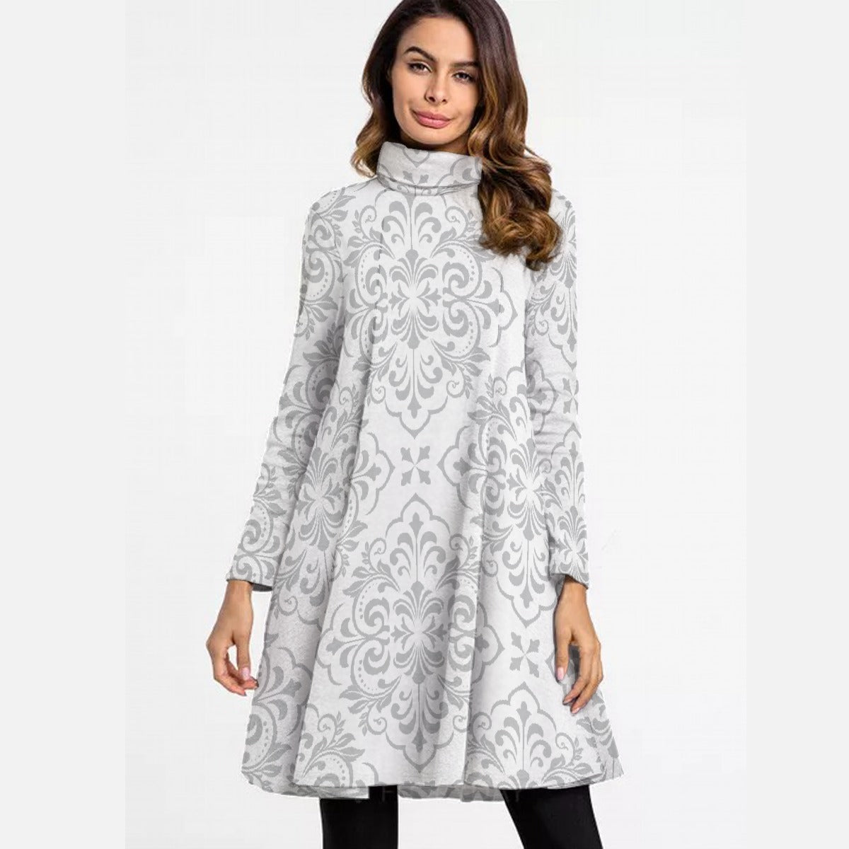 All-Over Print Women's High Neck Dress With Long Sleeve