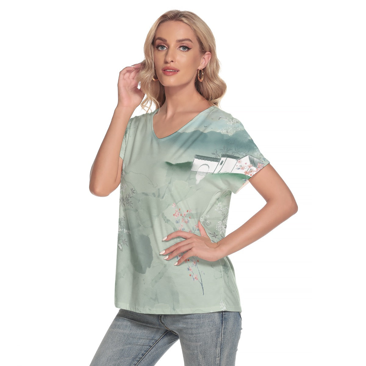 All-Over Print Women's Loose V-neck Short Sleeve T-shirt