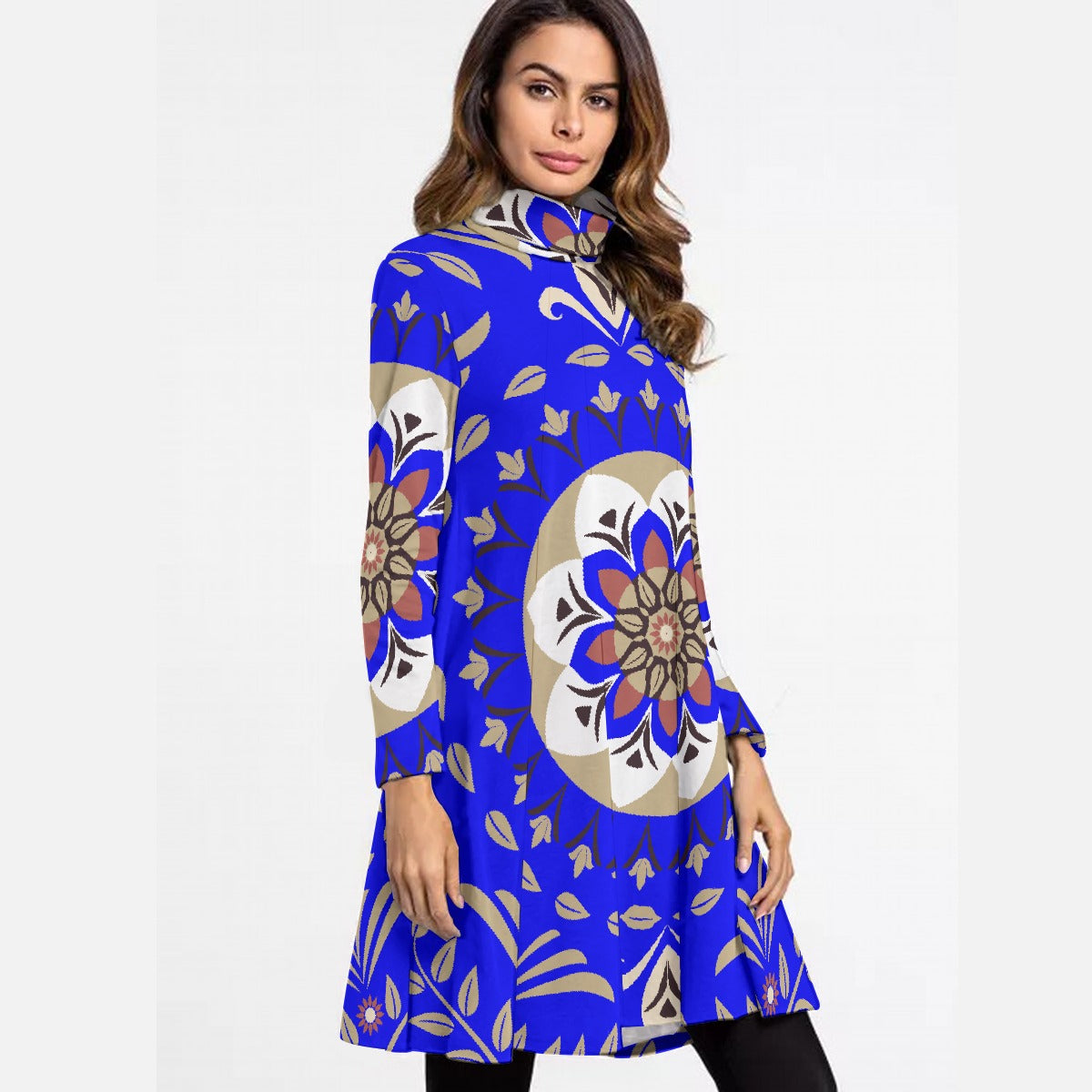 All-Over Print Women's High Neck Dress With Long Sleeve