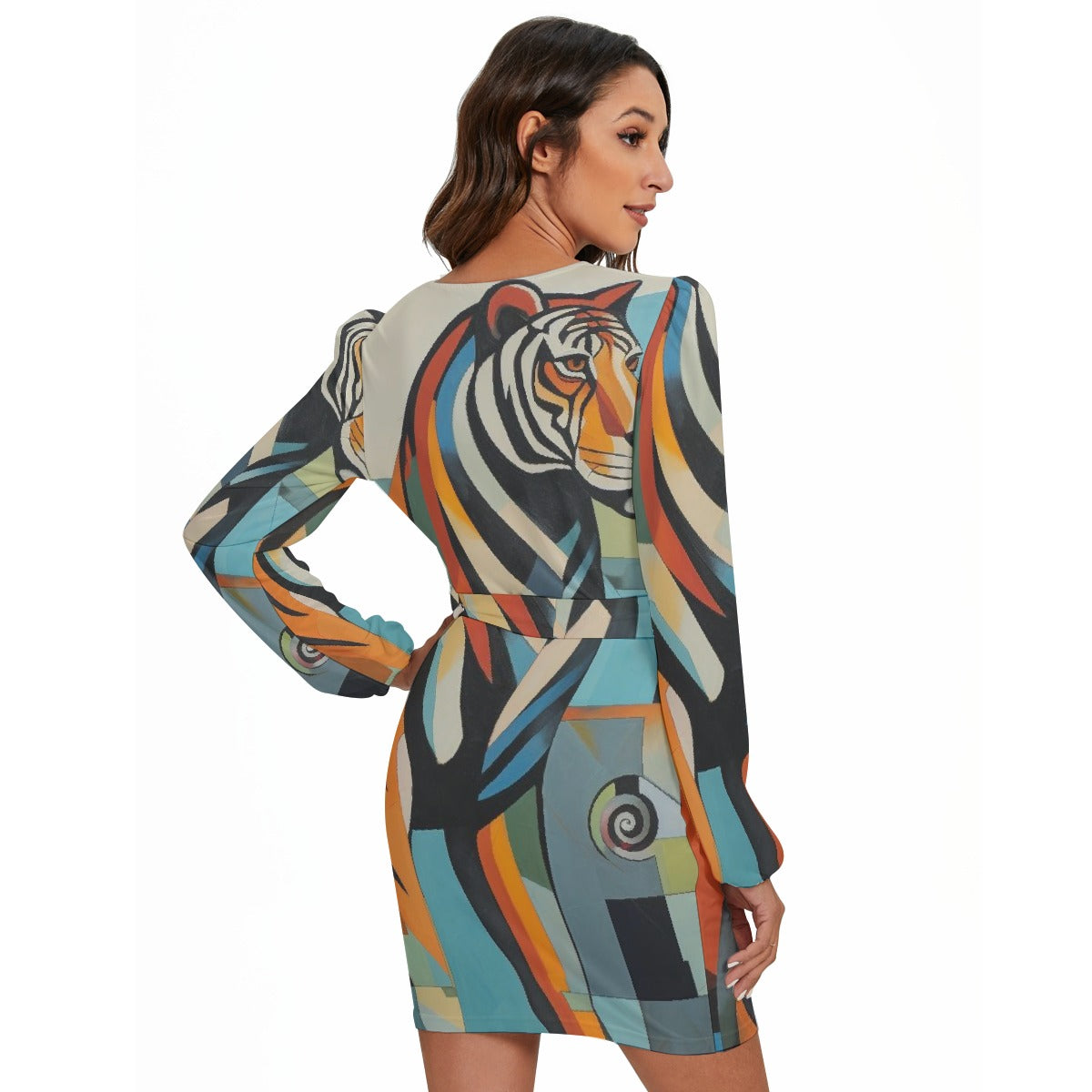 All-Over Print Women's Long Sleeve Dress With Waist Belt