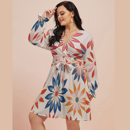 All-Over Print Women's V-neck Dress With Waistband(Plus Size)