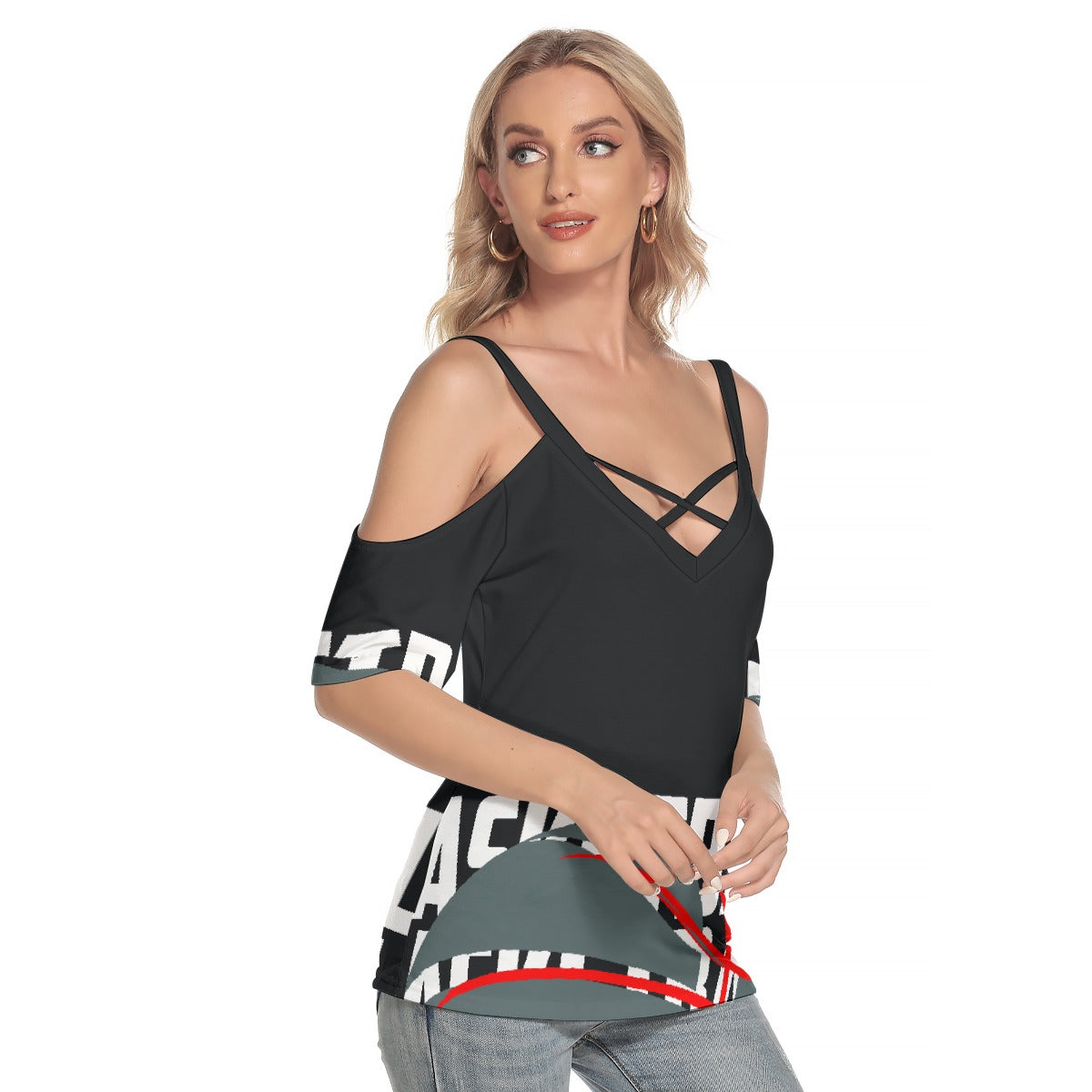 All-Over Print Women's Cold Shoulder T-shirt With Criss Cross Strips