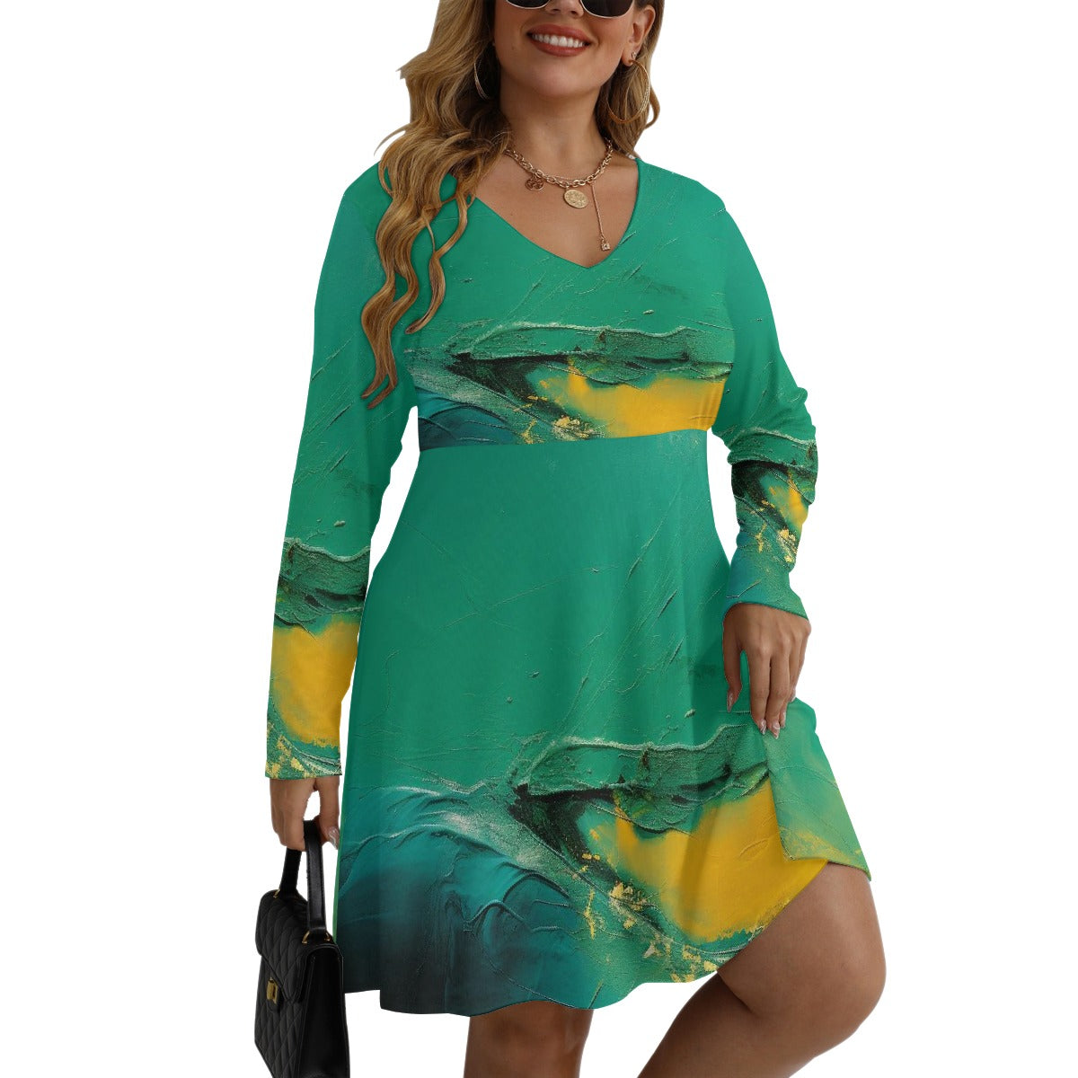 All-Over Print Women's V-neck Long Sleeve Dress(Plus Size)