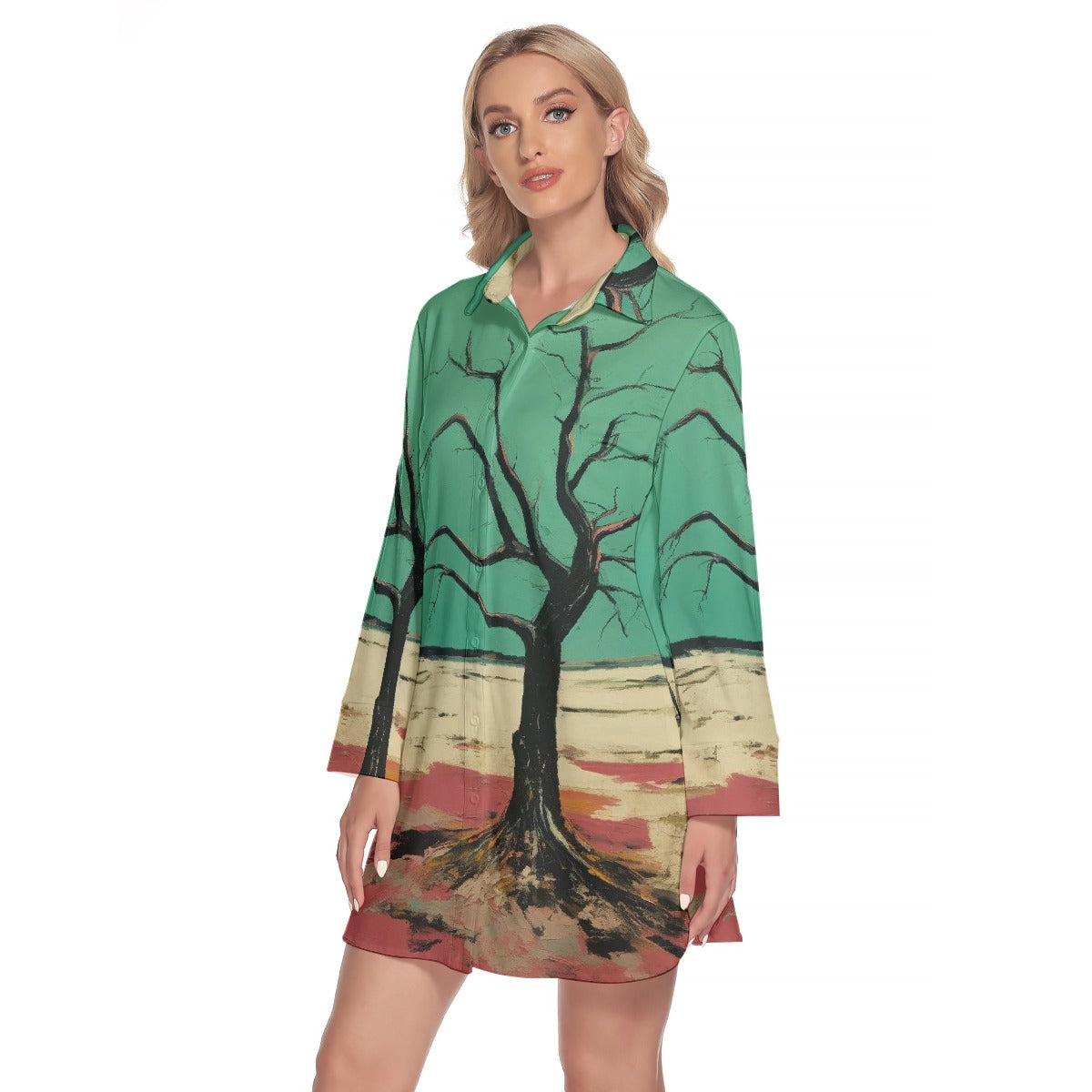 All-Over Print Women's Lapel Shirt Dress With Long Sleeve